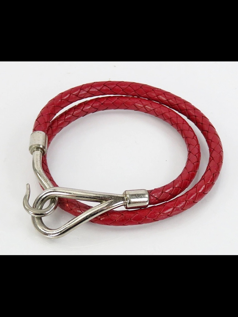 Hermes Red Braided Leather Double Wrap Bracelet with Silver Hook